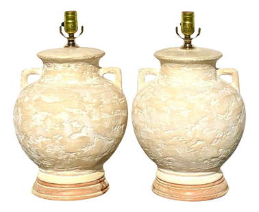 Charming Vintage Peach Plaster Urn Lamps Pair 17" Tall: Charming Vintage Peach Plaster Urn Lamps Pair 17" Tall This exquisite pair of vintage plaster urn lamps features a unique textured finish and is elegantly mounted on a lime wash plinth. The lovely pal