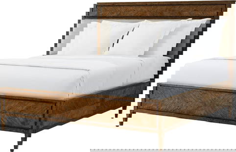 Theodore Alexander Nova King Bed Rustic Oak Veneer Dusk Finish: Theodore Alexander Nova King Bed Rustic Oak Veneer Dusk Finish Elevate your bedroom with the stunning Nova King Bed by Theodore Alexander, designed in a rustic style that blends antique charm with mod