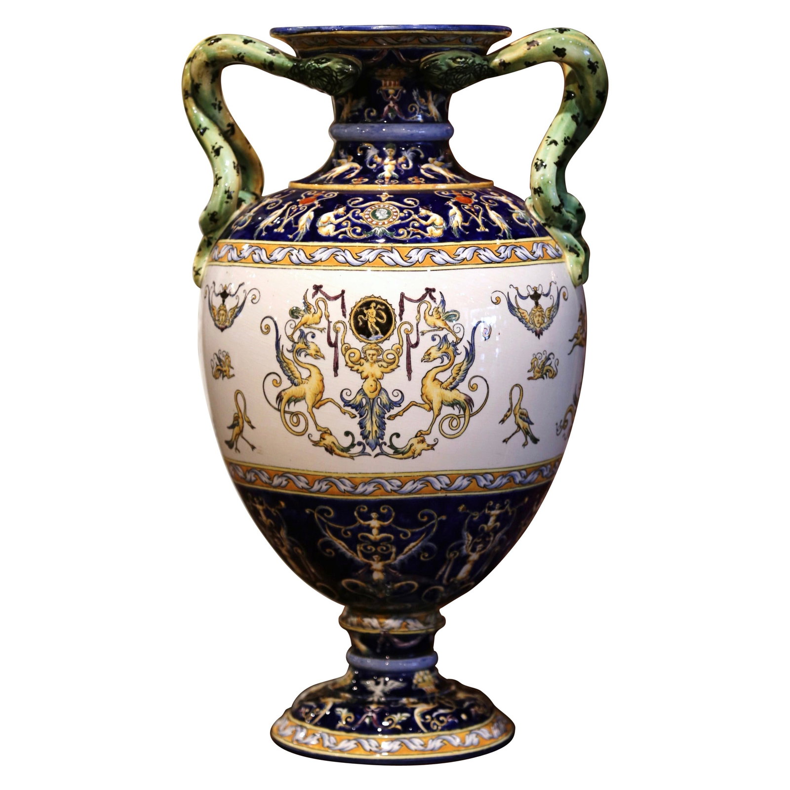 Antique 19th Century Gien Hand Painted Porcelain Vase with Snake Handles: Antique 19th Century Gien Hand Painted Porcelain Vase with Snake Handles This exquisite 19th Century French hand-painted porcelain vase from the renowned Faiencerie de Gien showcases the elegance of L