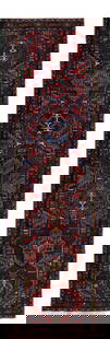 Antique Persian Heriz Tribal Wool Rug 3'2" x 10'8": Antique Persian Heriz Tribal Wool Rug 3'2" x 10'8" Beautiful Antique Heriz hand-knotted Wool rug with the red field. This Persian rug has a brown frame and multicolor accents in all over geometric tri
