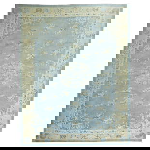 Antique Chinese Rug 12' x 17'10' Light Blue Hand-Woven Wool: Antique Chinese Rug 12' x 17'10' Light Blue Hand-Woven Wool This exquisite oversize antique Chinese rug from the early 20th century features a beautiful palette of predominant light blues and creams.