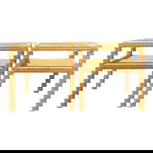 Vintage Coastal Woven Rattan Side Tables Pair 2 American Craftsmanship: Vintage Coastal Woven Rattan Side Tables Pair 2 American Craftsmanship Enhance your living space with these Vintage Coastal Woven Rattan Side Tables, featuring intricate woven rattan details that embo