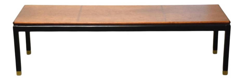 Mid-Century Modern Walnut Coffee Table Black Lacquer Brass Accents 60": Mid-Century Modern Walnut Coffee Table Black Lacquer Brass Accents 60" This exquisite mid-century modern coffee table features a rich walnut color complemented by a sleek black lacquer base and polish