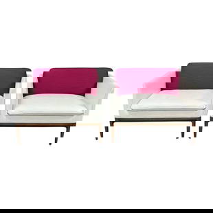 Modern Bernhardt Lounge Chairs Pair with Pink Cushions: Modern Bernhardt Lounge Chairs Pair with Pink Cushions This pair of modern lounge chairs by Bernhardt Furniture features a sleek white design complemented by soft pink back cushions. The chairs offer