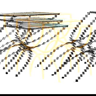 Vintage Regency Gilt Metal Bamboo Nesting Tables Set of 3: Vintage Regency Gilt Metal Bamboo Nesting Tables Set of 3 Enhance your living space with this elegant set of 3 Vintage Regency Gilt Metal Bamboo Nesting Tables. The striking gilt bamboo design adds a