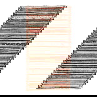 Vintage Kilim Wool Runner 4'6" x 8'4" Orange Black Stripes: Vintage Kilim Wool Runner 4'6" x 8'4" Orange Black Stripes Beautiful kilim handmade wool runner with a beige field. This Vintage flatweave rug has orange and black accents features a gorgeous all-over