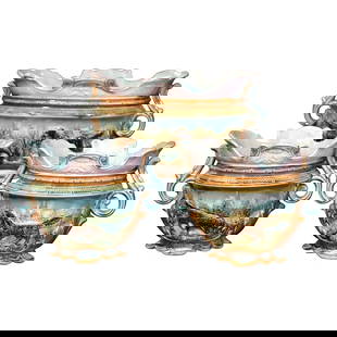 Late 19th Century French Barbotine Cache Pots Jardiniere Set of 3: Late 19th Century French Barbotine Cache Pots Jardiniere Set of 3 This exquisite set of three late 19th-century French barbotine cache pots and jardiniere is a stunning example of hand-crafted majolic