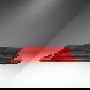 12-Foot Adrian Pearsall Mid-Century Brutalist Sofa in Walnut Red Tweed: 12-Foot Adrian Pearsall Mid-Century Brutalist Sofa in Walnut Red Tweed This expansive 12-foot Mid-Century Modern Brutalist platform sofa, designed by Adrian Pearsall for Craft Associates, exemplifies