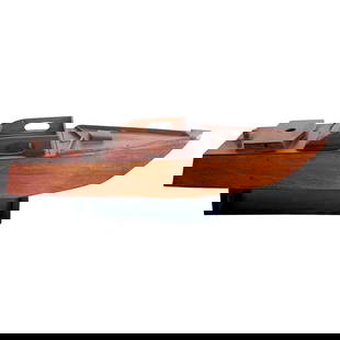 Art Deco Vintage Speedboat Model Ricky-O Hardwood Ebonized Stand: Art Deco Vintage Speedboat Model Ricky-O Hardwood Ebonized Stand This American vintage model of a Speedboat 'Ricky-O' showcases exquisite craftsmanship typical of the Art Deco style. Made from hardwoo