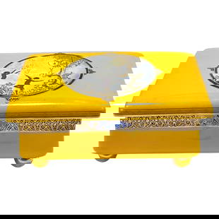 Art Deco Carltonware Dunhill Moonlight Pixie Box 1930s: Art Deco Carltonware Dunhill Moonlight Pixie Box 1930s This exquisite Art Deco Carltonware Luster Moonlight Frolicking Pixie Table Box, made for Alfred Dunhill, features a striking canary yellow backg