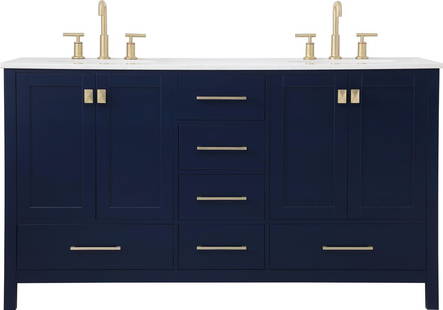 Elegant Lighting Blue Gold  Double Vanity 34H x 60W x 22D: Elegant Lighting Blue Gold Double Vanity 34H x 60W x 22D Introducing a sophisticated blue double vanity that embodies vintage style with modern functionality. This elegant piece features a beautiful b
