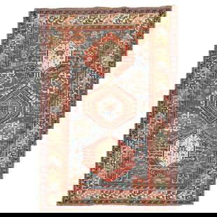 19th Century Kazak Antique Caucasian Shirvan Rug Blue 45 x 64 Hand-Knotted: 19th Century Kazak Antique Caucasian Shirvan Rug Blue 45 x 64 Hand-Knotted Discover the beauty of this late 19th century Tribal Antique Caucasian Shirvan rug, showcasing a striking large-scale geometr