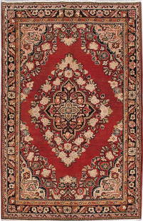 Elegant 4.3 x 6.7 Red Persian Hamadan Area Rug Handmade in Iran: Elegant 4.3 x 6.7 Red Persian Hamadan Area Rug Handmade in Iran Elevate your living space with this exquisite 4.3 x 6.7 Red Persian Hamadan Rug, meticulously handcrafted by skilled Persian artisans. T
