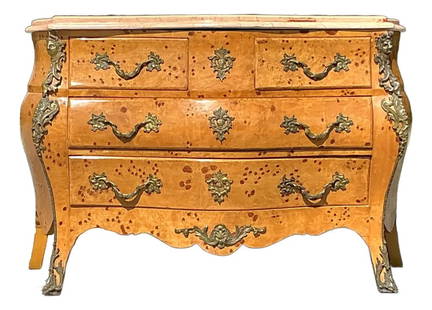 Vintage Regency Burlwood Commode with Ormolu Mounts: Vintage Regency Burlwood Commode with Ormolu Mounts Elevate your living space with this stunning Vintage Regency Burl and Ormolu Commode. This exquisite chest of drawers showcases a voluptuous bombe s