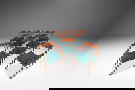 Rare Set of 8 Niels Moller Model 75 Dining Chairs in Mombasa Turquoise Fabric: Rare Set of 8 Niels Moller Model 75 Dining Chairs in Mombasa Turquoise Fabric Introducing a rare set of eight (8) Model 75 Dining Chairs designed by Niels Moller for J.L. Mollers Mobelfabrik, crafted