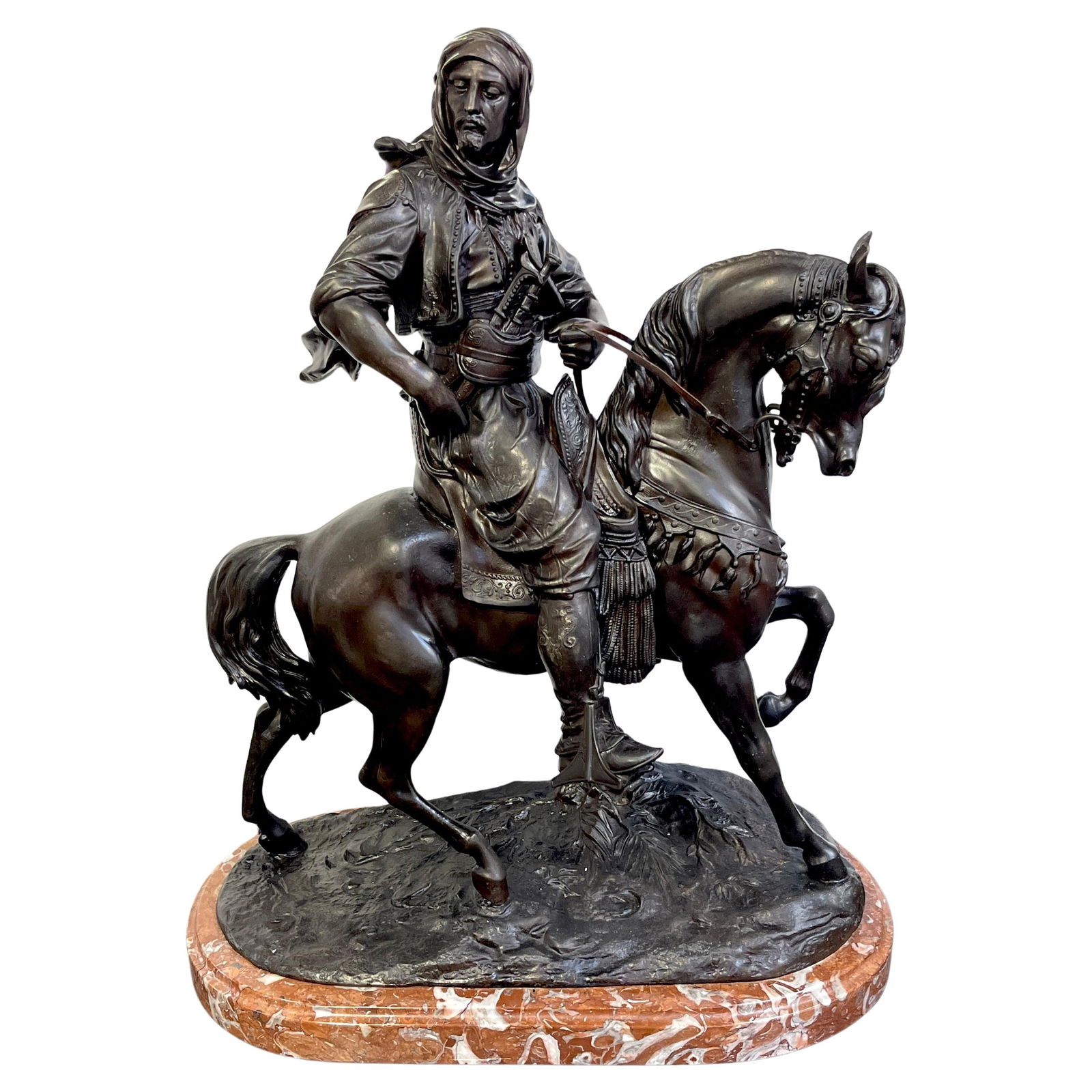Alfred Barye Cavalier Arabe Bronze Sculpture 20th Century: Alfred Barye Cavalier Arabe Bronze Sculpture 20th Century Introducing 'Cavalier Arabe' (Arab Huntsman on Horseback), a remarkable bronze sculpture cast posthumously after the esteemed artist Alfred Ba