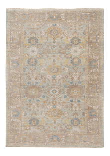 Contemporary Hand-Knotted Sultanabad Wool Rug 8'6 x 12': Contemporary Hand-Knotted Sultanabad Wool Rug 8'6 x 12' This stunning contemporary Sultanabad rug features a hand-knotted wool construction, showcasing a beautiful light blue field framed in gray with