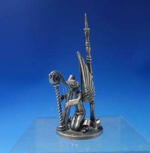 German 3-D Angel Harp Sterling Silver Paperweight 4.5" Tall: German 3-D Angel Harp Sterling Silver Paperweight 4.5" Tall This exquisite German sterling silver paperweight showcases a stunning 3-D angel and harp design, handcrafted with precision. The piece stan