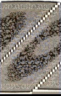 Hand-Knotted Indo-Nain Floral Rug 5'10 x 9'2 Wool Silk Dark Navy: Hand-Knotted Indo-Nain Floral Rug 5'10 x 9'2 Wool Silk Dark Navy Enhance your living space with this exquisite hand-knotted Indo-Nain Oriental rug, featuring a classic floral pattern in rich shades of