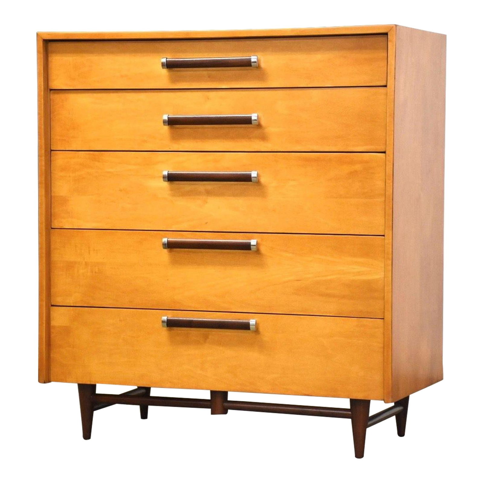 Mid-Century Modern Maple Dresser with Walnut Legs 38x19x43: Mid-Century Modern Maple Dresser with Walnut Legs 38x19x43 This stylish mid-century modern dresser showcases a refined design with a stunning maple finish complemented by walnut legs and drawer pulls.