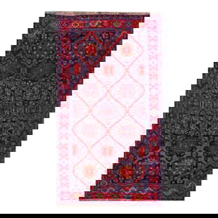 1960s Vintage Persian Bidjar Geometric Blue Wool Rug 7'01 x 12'08: 1960s Vintage Persian Bidjar Geometric Blue Wool Rug 7'01 x 12'08 This stunning vintage Persian Bidjar rug features a striking blue field complemented by a red frame and multicolor geometric accents.