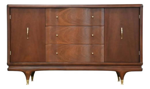 Mid Century Modern Mahogany Credenza with Brass Hardware: Mid Century Modern Mahogany Credenza with Brass Hardware This exquisite mid-century modern sideboard credenza, crafted from mahogany, features two doors adorned with elegant brass hardware. Profession