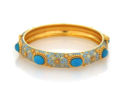 Elegant 21k Gold Etruscan Floral Turquoise Bangle Bracelet: Elegant 21k Gold Etruscan Floral Turquoise Bangle Bracelet This exquisite bangle bracelet showcases a captivating design crafted from 21k yellow gold. The dome-shaped bangle is 12mm wide and features