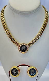 Italian 18K 14K Gold Necklace Earrings Set Hallmarked 181g: Italian 18K 14K Gold Necklace Earrings Set Hallmarked 181g This exquisite Italian jewelry set features an 18k and 14k yellow gold necklace paired with matching earrings, showcasing modern coin designs