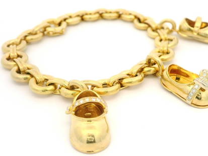 Aaron Basha 18k Gold Charm Bracelet with 3 Diamond Shoe Charms: Aaron Basha 18k Gold Charm Bracelet with 3 Diamond Shoe Charms This exquisite charm bracelet features three stunning diamond shoe charms crafted in solid 18k yellow gold. Each charm showcases natural,