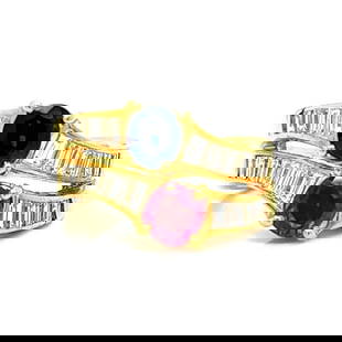 Elegant 18K Yellow Gold Ruby Sapphire Diamond Ring: Elegant 18K Yellow Gold Ruby Sapphire Diamond Ring This exquisite 18K Yellow Gold ring features a stunning arrangement of gemstones, including approximately 0.60 Ct. of ruby, approximately 0.60 Ct. of