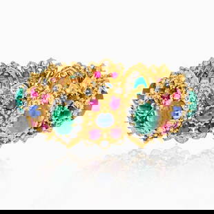 David Webb 18K Yellow Gold Gemstone Bracelet with Emeralds Rubies Diamonds: David Webb 18K Yellow Gold Gemstone Bracelet with Emeralds Rubies Diamonds This exquisite David Webb bracelet is crafted from 18K yellow gold and features a stunning arrangement of gemstones including