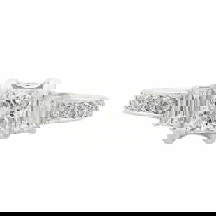 18K White Gold Rachel Koen GIA Three Stone Engagement Ring 1.36ct: 18K White Gold Rachel Koen GIA Three Stone Engagement Ring 1.36ct Discover this exquisite 18K white gold three-stone engagement ring, showcasing a stunning GIA certified 0.78 ct emerald cut diamond in