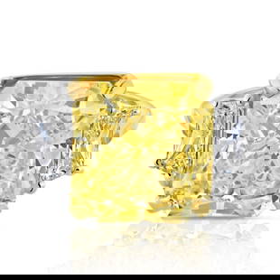 10.02 Carat Fancy Intense Yellow Diamond Platinum 18K Gold Ring: 10.02 Carat Fancy Intense Yellow Diamond Platinum 18K Gold Ring This exquisite three stone engagement ring showcases a breathtaking 10.02 carat radiant cut diamond in a stunning fancy intense yellow h