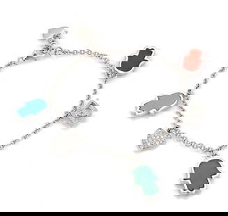 18k White Gold Good Luck Charm Bracelet with Diamonds and Gemstones: 18k White Gold Good Luck Charm Bracelet with Diamonds and Gemstones This exquisite Diamond & Gem Stones 18k White Gold Five Good Luck Charm Bracelet is a stunning example of vintage fine jewelry. Craf