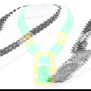David Webb 18K Yellow Gold Jade Medallion Diamond Necklace: David Webb 18K Yellow Gold Jade Medallion Diamond Necklace This exquisite necklace features a stunning multi-strand design crafted from 18K yellow gold and jade. The centerpiece showcases a prominent