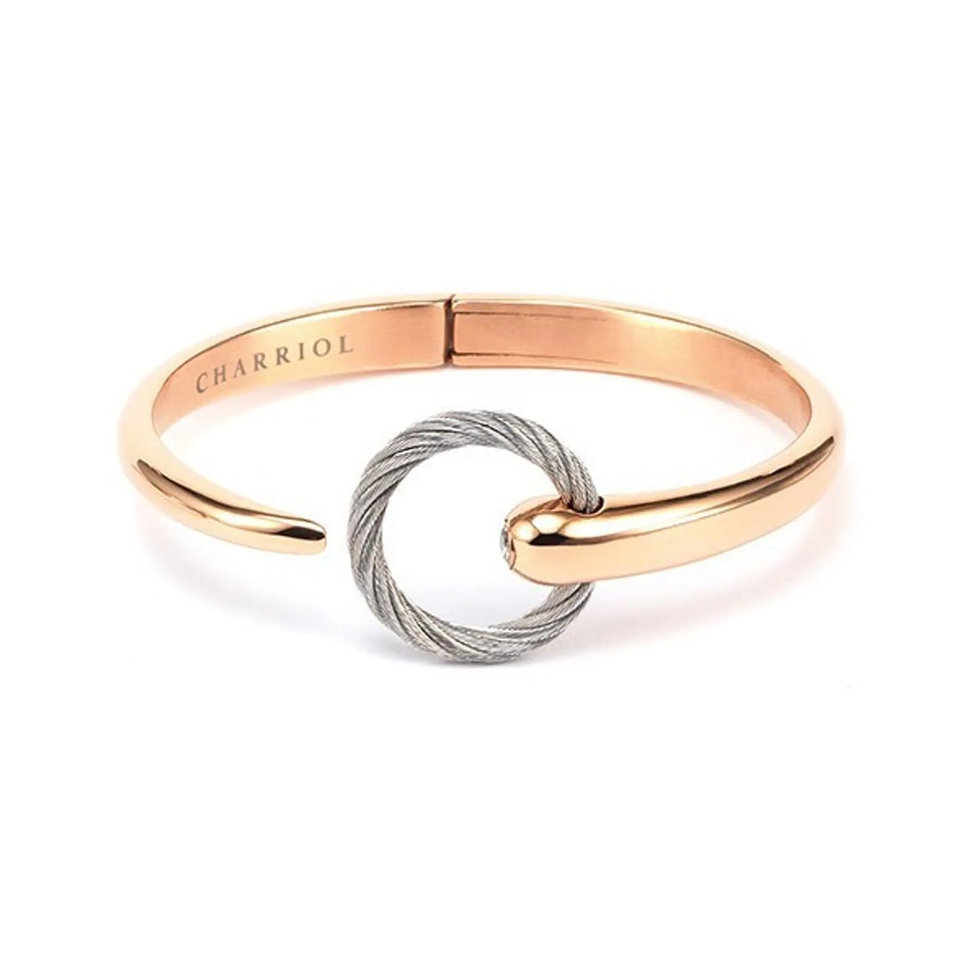 Charriol Infinity Zen Rose Gold PVD Cuff Bracelet 04-102-1232-0: Charriol Infinity Zen Rose Gold PVD Cuff Bracelet 04-102-1232-0 Elevate your accessory collection with the Charriol Infinity Zen Rose Gold PVD Steel Cable Bangle. This stunning cuff bracelet showcases