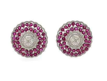 Large Floral 16.64ct Diamond Ruby 18k White Gold Earrings: Large Floral 16.64ct Diamond Ruby 18k White Gold Earrings This exquisite pair of large floral earrings showcases a stunning design crafted from 18k white gold with a polished finish. Each earring feat