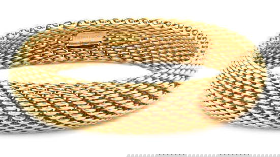 Tiffany & Co. Somerset 18k Yellow Gold 16mm Mesh Bangle Bracelet: Tiffany & Co. Somerset 18k Yellow Gold 16mm Mesh Bangle Bracelet Elevate your jewelry collection with the Tiffany & Co. Somerset 18k Yellow Gold Mesh Flex Bracelet. This exquisite bangle is expertly c