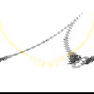 Vintage 14k Gold Panther Head Necklace with Diamonds: Vintage 14k Gold Panther Head Necklace with Diamonds This exquisite vintage collar necklace features a stunning design crafted from 14k yellow gold. It showcases long half tube curved links that are i