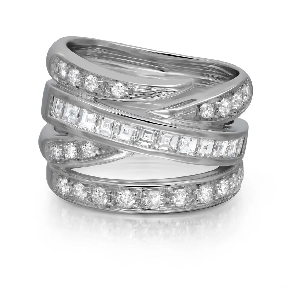 Alfieri St. John 18K White Gold Diamond Band Ring 1.25Ctw: Alfieri St. John 18K White Gold Diamond Band Ring 1.25Ctw Discover the elegance of this Alfieri St. John Princess and Round Cut Diamond Band Ring, expertly crafted in 18K white gold. This stunning pie