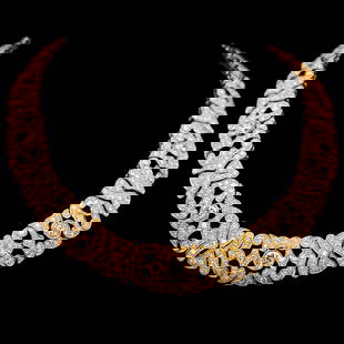 18k Yellow Gold 22.38ctw Diamond Collar Necklace VVS F Clarity: 18k Yellow Gold 22.38ctw Diamond Collar Necklace VVS F Clarity Elevate your jewelry collection with this stunning 18k Yellow Gold Statement Necklace, featuring a remarkable total carat weight of 22.38