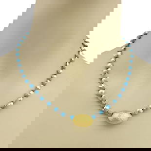 Gurhan 24k Gold Overlay Turquoise Bead Necklace Signed 17.5in: Gurhan 24k Gold Overlay Turquoise Bead Necklace Signed 17.5in Elevate your accessory collection with the Gurhan Jordan Turquoise Bead Sterling 24k Layered Gold Fancy Necklace, a stunning piece that co