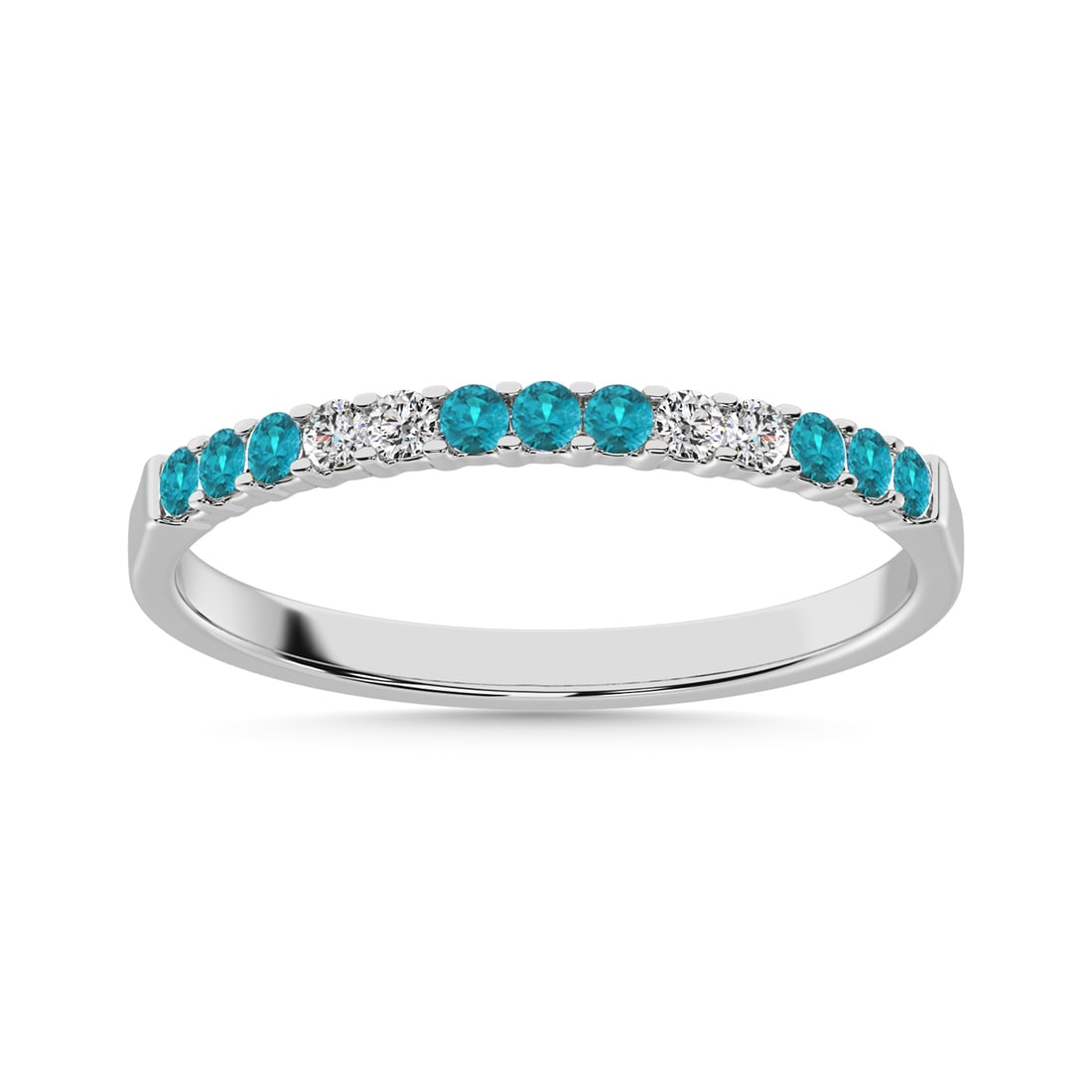 14K White Gold 1/4 ct tw Alternate 9 Auqmarine and 4 Diamond Machine Band: 14K White Gold 1/4 ct tw Alternate 9 Auqmarine and 4 Diamond Machine Band Metal: 14k White Gold Sizes Avilable: 4,5,6,7,8,9 Stone Count: 13.0 Stone Shape: Round Stone Type: Diamond / Aqua Marine Stone