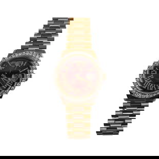 Rolex Daydate President 1803 AM Red Roman Diamond Bezel 18k YG: Rolex Daydate President 1803 AM Red Roman Diamond Bezel 18k YG The Rolex Daydate President features an exquisite AM Red Roman dial complemented by a diamond bezel. Designed for men, this timepiece is