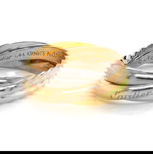 Cartier Trinity Classic 18k Tri-Color Gold Band Ring with Certificate Size 10: Cartier Trinity Classic 18k Tri-Color Gold Band Ring with Certificate Size 10 Discover the timeless elegance of the Cartier Trinity Classic Model band ring, expertly crafted in 18k tri-color gold feat