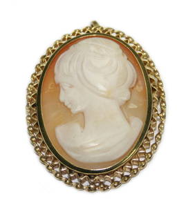 Vintage 14K Yellow Gold Cameo Brooch Lady Bust 1.75in: Vintage 14K Yellow Gold Cameo Brooch Lady Bust 1.75in This exquisite vintage brooch features a beautifully detailed cameo of a lady's bust, elegantly crafted in 14K yellow gold. The cameo showcases a