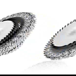 David Webb Platinum 18K White Gold Rock Crystal Diamond Pearl Ring: David Webb Platinum 18K White Gold Rock Crystal Diamond Pearl Ring This exquisite David Webb cocktail ring showcases a stunning combination of carved rock crystal, onyx, diamonds, and a South Sea pear