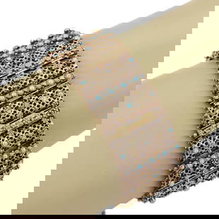 Vintage Seed Pearl Turquoise 18k Yellow Gold Wide Bracelet: Vintage Seed Pearl Turquoise 18k Yellow Gold Wide Bracelet This Seed Pearl & Turquoise 18k Yellow Gold Wide Bracelet is a stunning piece of vintage jewelry that exudes elegance and sophistication. The