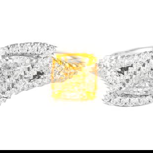 1.76ct Fancy Yellow VVS2 Cushion Diamond Halo Ring 18k Two-Tone Size 7: 1.76ct Fancy Yellow VVS2 Cushion Diamond Halo Ring 18k Two-Tone Size 7 This stunning contemporary halo ring features a 1.76 carat total diamond weight, showcasing a 1.23 carat cushion cut Fancy Yellow