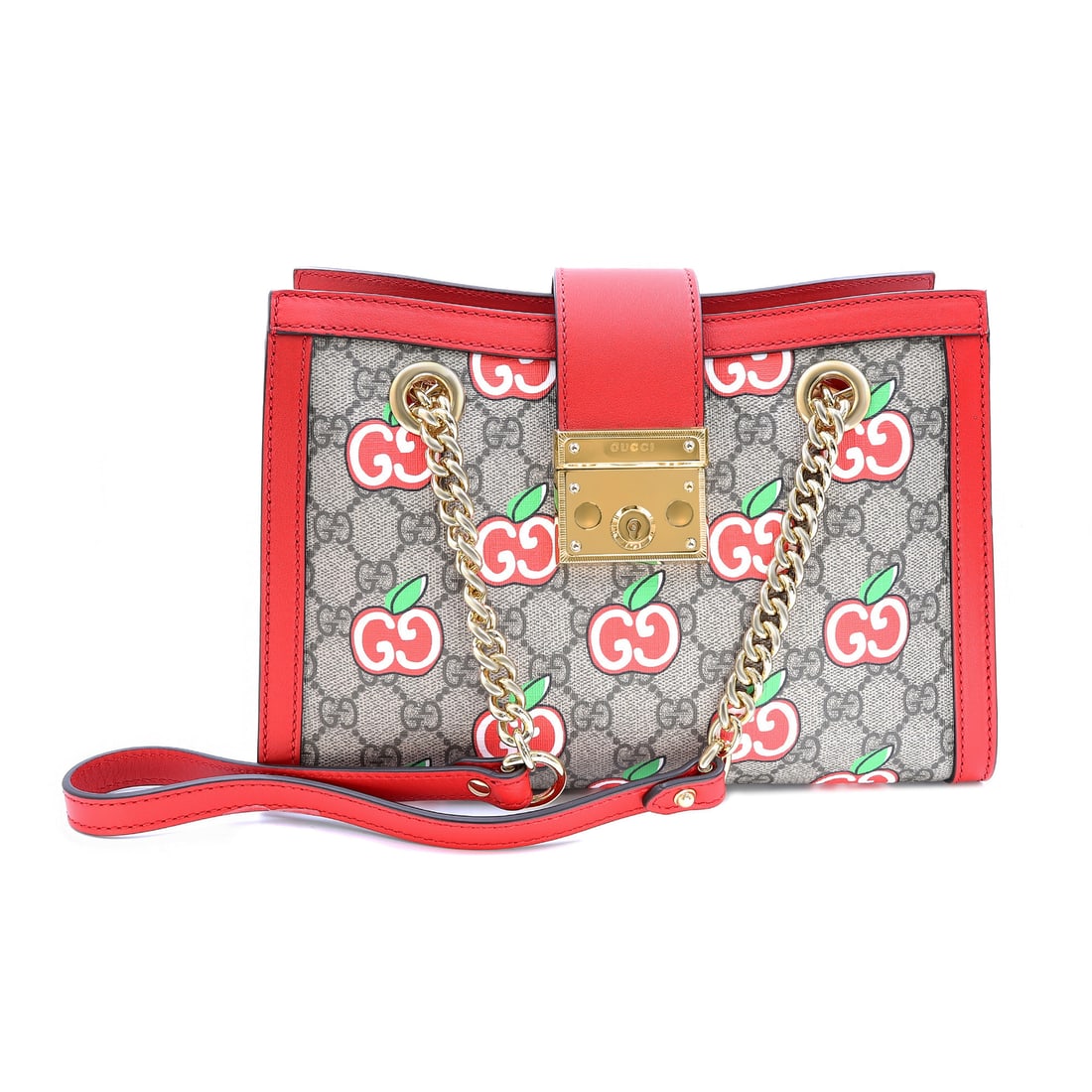 Gucci Padlock Red Apple Canvas Small Shoulder Handbag: Gucci Padlock Red Apple Canvas Small Shoulder Handbag Elevate your accessory game with this Gucci Padlock small shoulder handbag, beautifully crafted from GG Supreme canvas featuring a playful red app